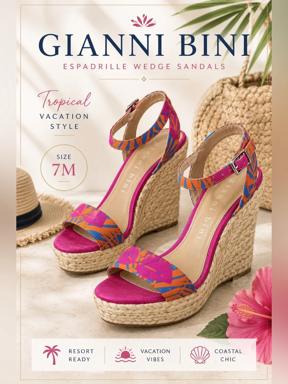 Gianni Bini Tropical Print Espadrille Wedge Sandals Size 7M - Picture 1 of 9